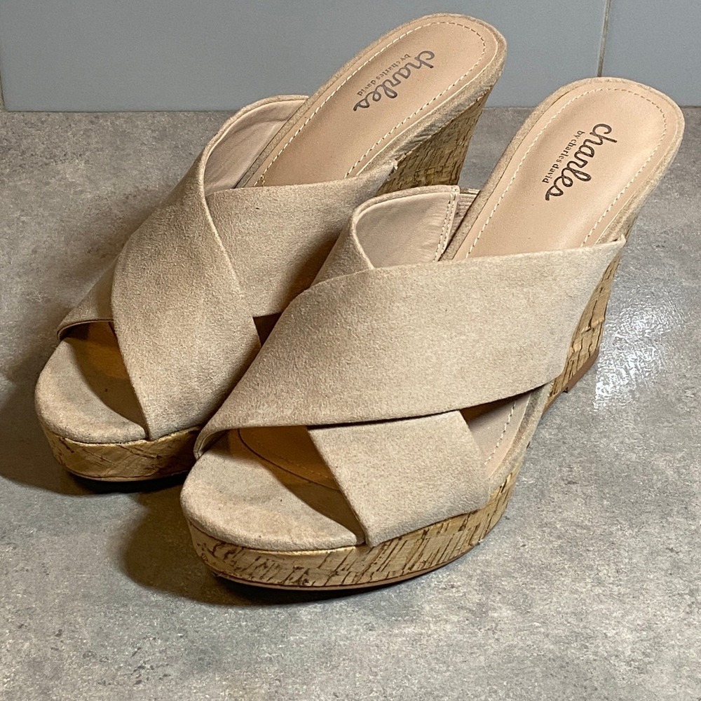 Charles by Charles David Beige Suede Cork Wedge Mule Sandals Women's 8.5M